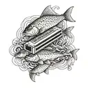 A harmonica transforming into a school of fish swimming in a golf course pond tattoo design idea