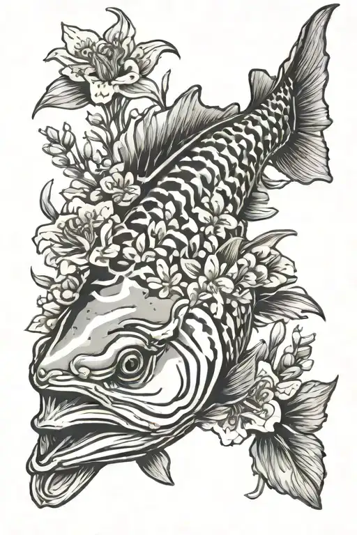 sturgeon fish with flowers tattoo design idea
