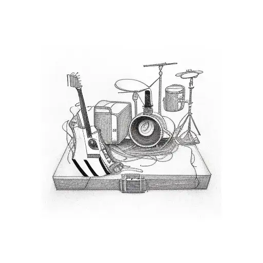 Fender CD-140SCE guitar body with a microphone and its cable tangled around the guitar and a pair of drum sticks on top tattoo design idea