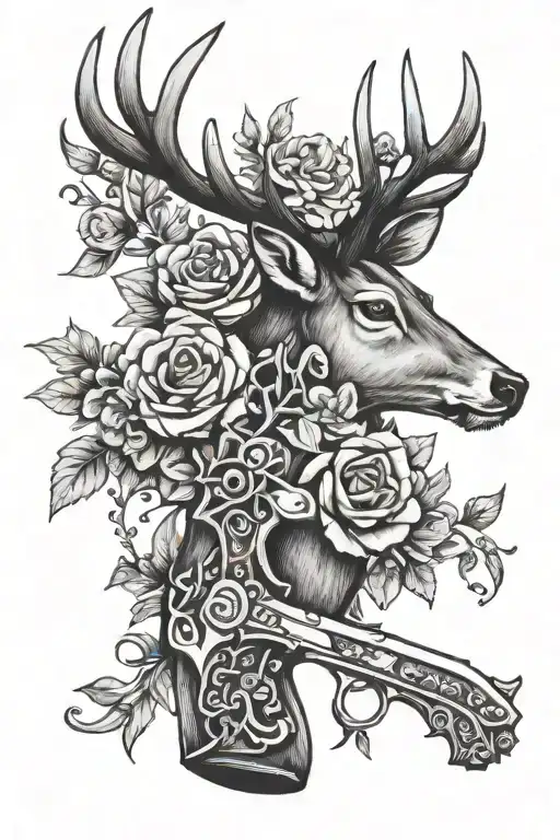flowers cross deer antlers pistol intertwined tattoo design idea
