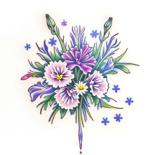 carnation, daisy, violet, gladiolus, rose bouquet  tattoo design idea