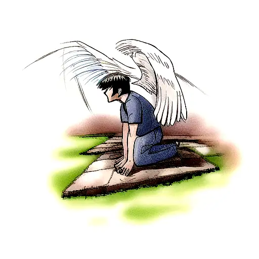 man kneeling on the ground, in the shadow lightning angel tattoo design idea