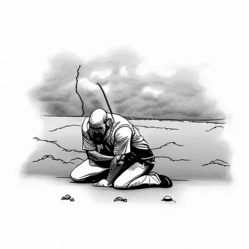 man kneeling on the ground, in the shadow lightning angel tattoo design idea