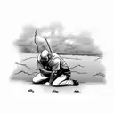 man kneeling on the ground, in the shadow lightning angel tattoo design idea