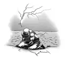 man kneeling on the ground, in the shadow lightning angel tattoo design idea