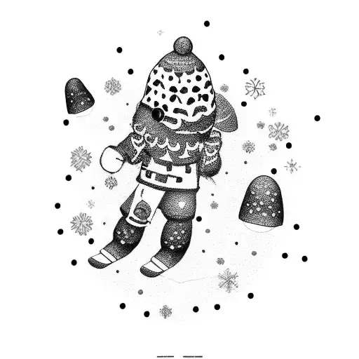 A dotwork tattoo of a snowboarder performing a trick with mushroom-shaped snowflakes falling around them tattoo design idea