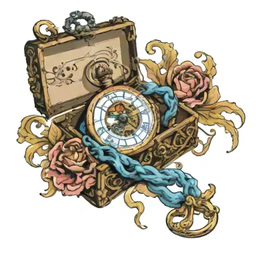 Death against the background of an 18th-century Spanish sunken box holds a pocket watch in one hand and in the other han tattoo design idea