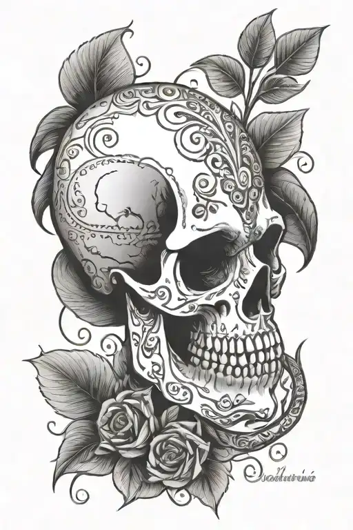 Skull with a charmander, a baby's foot and written Kani tattoo design idea