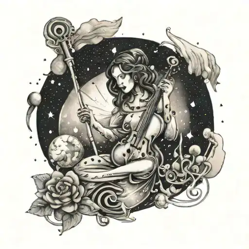 A celestial-themed tattoo featuring a cosmic orchestra playing music with the Libra and Leo zodiac signs shining brightly in the sky tattoo design idea