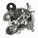 A celestial-themed tattoo featuring a cosmic orchestra playing music with the Libra and Leo zodiac signs shining brightly in the sky tattoo design idea