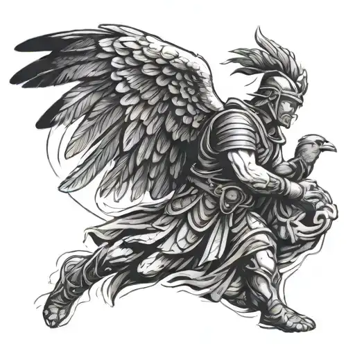 A black and grey illustration of a Roman soldier holding a bird of prey, symbolizing strength and freedom in ancient times tattoo design idea