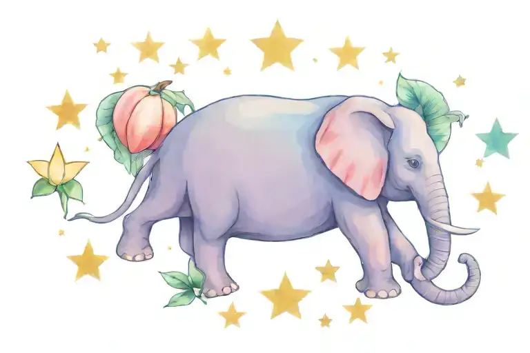A sketch of a cute cartoon elephant surrounded by papayas, stars, and lotus flowers in a playful composition tattoo design idea