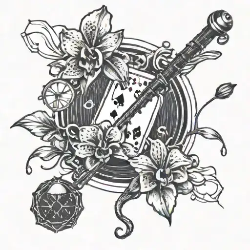 A dotwork tattoo of a poker hand holding a fishing rod with orchids scattered around the design tattoo design idea