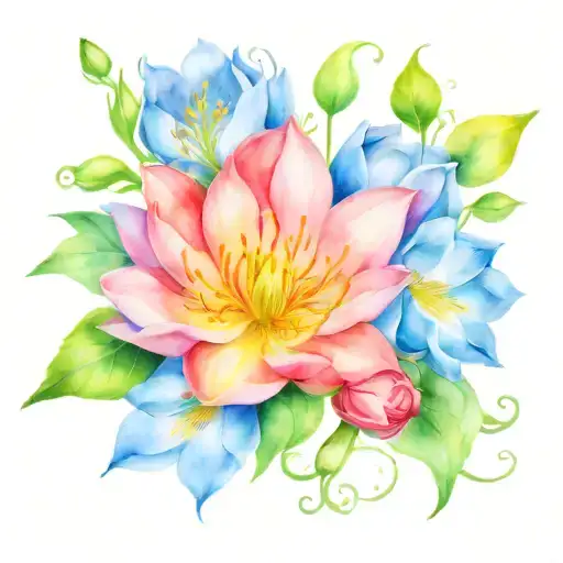 water lily, morning glory, daisy, sweet pea flowers intertwined  tattoo design idea