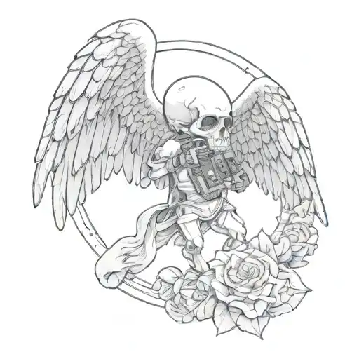 full body baby angel, wings skull face, holding a desert eagle, inspired in wes lang drawings for "life is but a dream" tattoo design idea