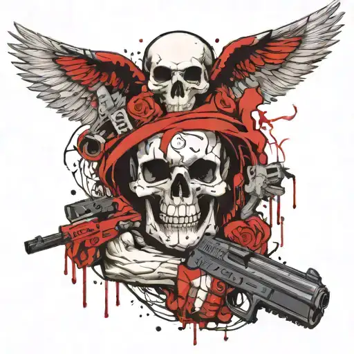 baby angel, wings skull face, holding a desert eagle and an awp, inspired in wes lang drawings for "life is but a dream" tattoo design idea