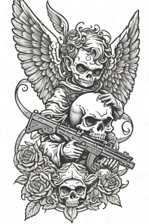 baby angel with wings and his face is a skull, holding a desert eagle and an awp, inspired in wes lang drawings tattoo design idea