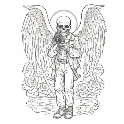 full body baby angel, wings skull face, holding a desert eagle, inspired in wes lang drawings for "life is but a dream" tattoo design idea