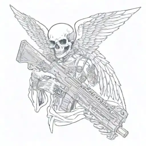 baby angel, wings skull face, holding a desert eagle and an awp, inspired in wes lang drawings for "life is but a dream" tattoo design idea