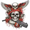 baby angel, wings skull face, holding a desert eagle and an awp, inspired in wes lang drawings for "life is but a dream" tattoo design idea
