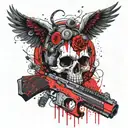 baby angel, wings skull face, holding a desert eagle and an awp, inspired in wes lang drawings for "life is but a dream" tattoo design idea