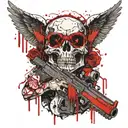 baby angel, wings skull face, holding a desert eagle and an awp, inspired in wes lang drawings for "life is but a dream" tattoo design idea