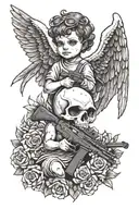baby angel with wings and his face is a skull, holding a desert eagle and an awp, inspired in wes lang drawings tattoo design idea