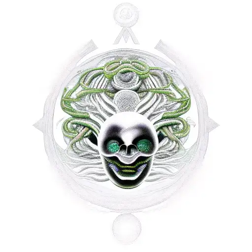 circular plane, head of Medusa's, black mamba snakes going all through the image forming the Norse tree of life,  tattoo design idea