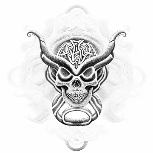 black mamba snakes going all through the image forming the Norse tree of life, on a coin, Medusa's skull in middle tattoo design idea