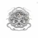 circular plane, head of Medusa's, black mamba snakes going all through the image forming the Norse tree of life,  tattoo design idea