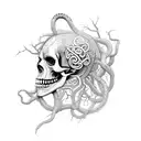 black mamba snakes going all through the image forming the Norse tree of life, on a coin, Medusa's skull in middle tattoo design idea