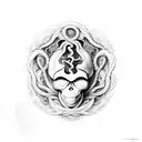 black mamba snakes going all through the image forming the Norse tree of life, on a coin, Medusa's skull in middle tattoo design idea