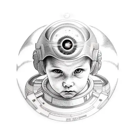 boy with halo of planets and orbits tattoo design idea