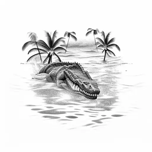 A black-grey tattoo of a crocodile swimming in a lake surrounded by palm trees, representing the client's fascination with tropical landscapes tattoo design idea