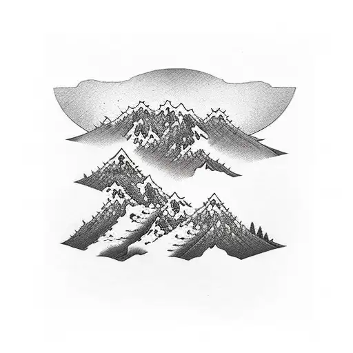 A hiking trail winding through a dense forest, with mountains in the background tattoo design idea