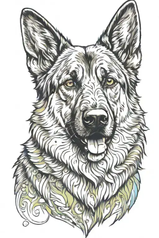 majestic double coated german shepherd dog head, wolf-like glaze tattoo design idea