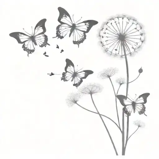 dandelion blowing with 3 butterflies flying tattoo design idea