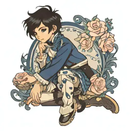 boy with black hair and dark blue eyes kneeling in lolita fashion  tattoo design idea