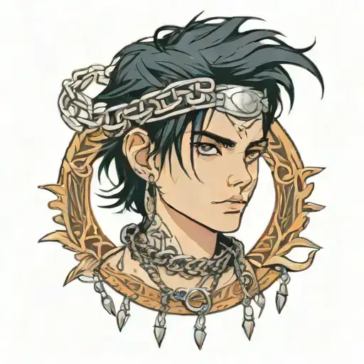 boy with black hair and dark blue eyes with a silver choker and chains tattoo design idea