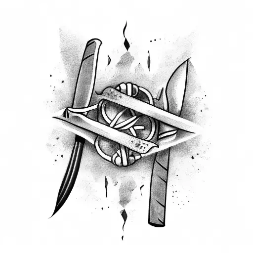 A tattoo design of a cricket bat and ball intertwined with a fork and knife, symbolizing a love for food and cricket, in black-grey style tattoo design idea