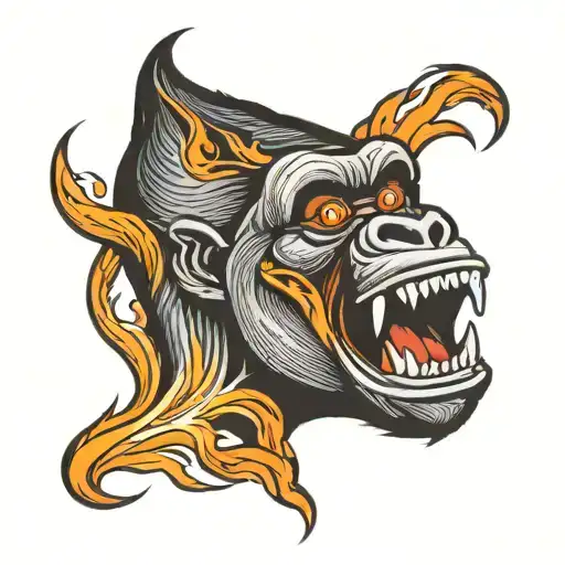 A traditional style tattoo of a gorilla with an open mouth, fire flames from eyes tattoo design idea