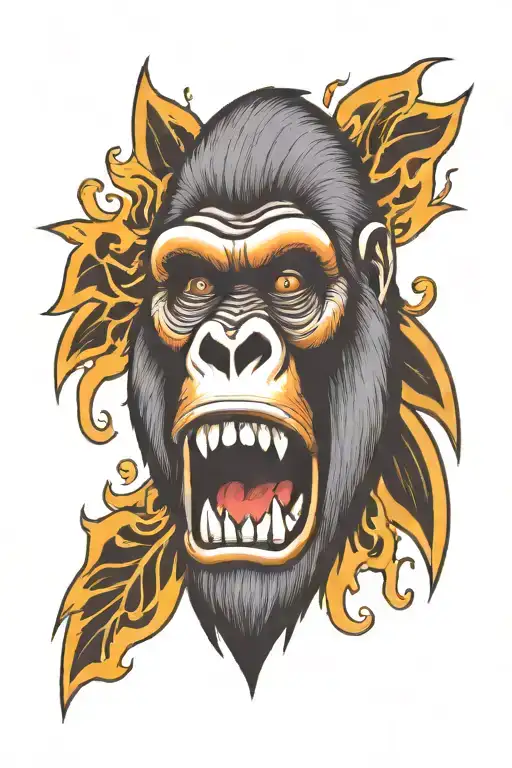 A traditional style tattoo of a gorilla with an open mouth, fire flames from eyes tattoo design idea