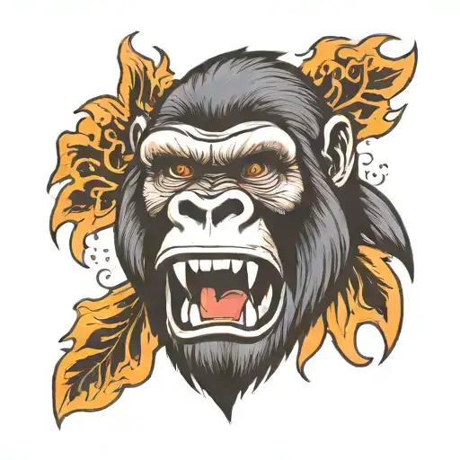 A traditional style tattoo of a gorilla with an open mouth, fire flames from eyes tattoo design idea
