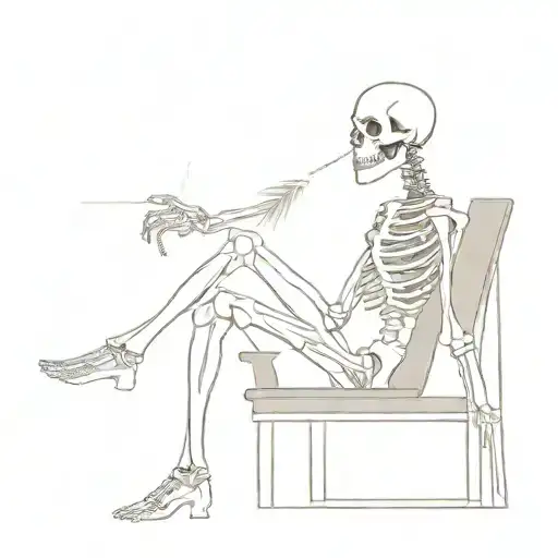 a skeleton sits on a chair and smokes a cigarette and from the smoke of a cigarette a woman appears who sits on his lap  tattoo design idea