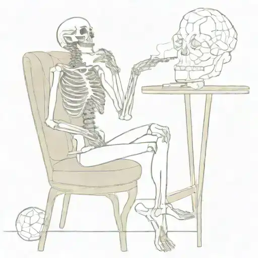 the skeleton sits on a chair and smokes and add woman appears from the smoke and kisses him on the lips tattoo design idea