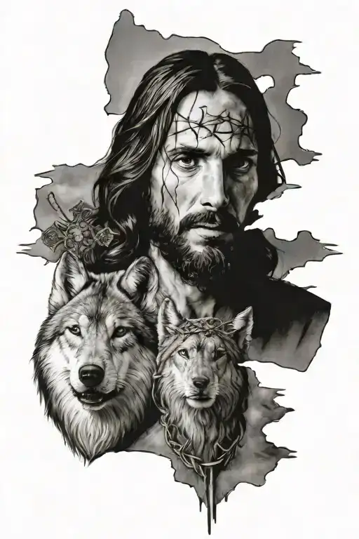 Jesus christ face with cross split with a wolf head tattoo design idea