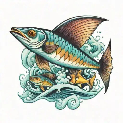 flying fish and waves and maldives tattoo design idea