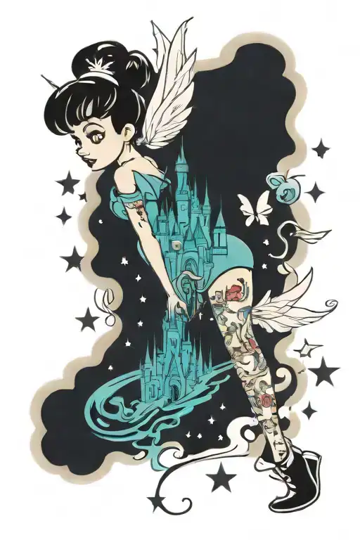 disney leg sleeve with castle as the main piece feature tinkerbell flying around with classic disney movie symbols  tattoo design idea