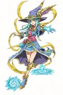 dark magician girl coming out of yugioh card tattoo design idea