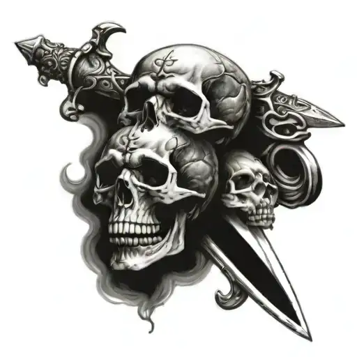 dagger with 3 skulls tattoo design idea